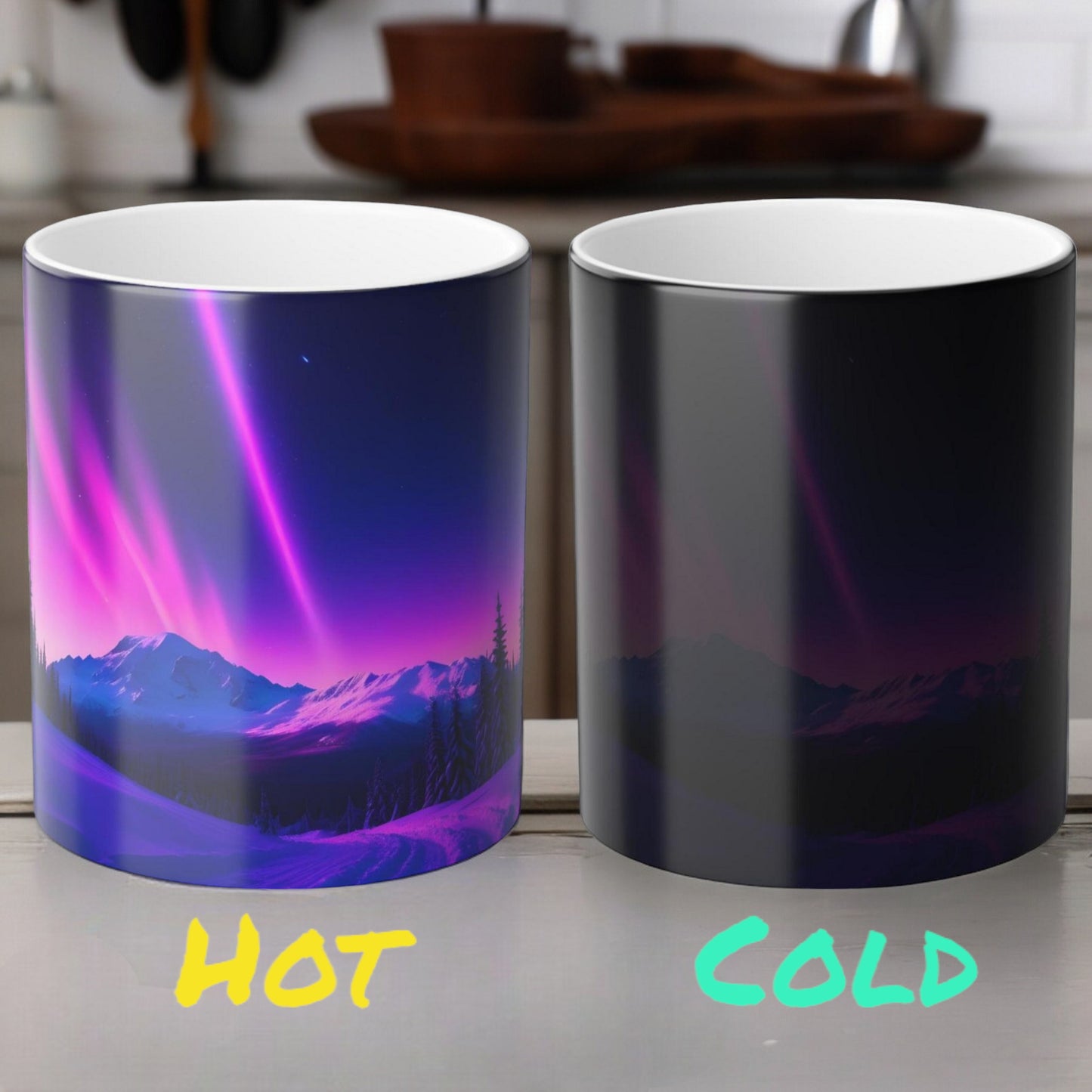 Lumoava Aurora Borealis Heat Sensitive Muki - Northern Lights Magic Color Morphing Muki 11 unssia - Heat Reactive Night Sky Coffee Cup - Täydellinen lahja luonnon ystäville