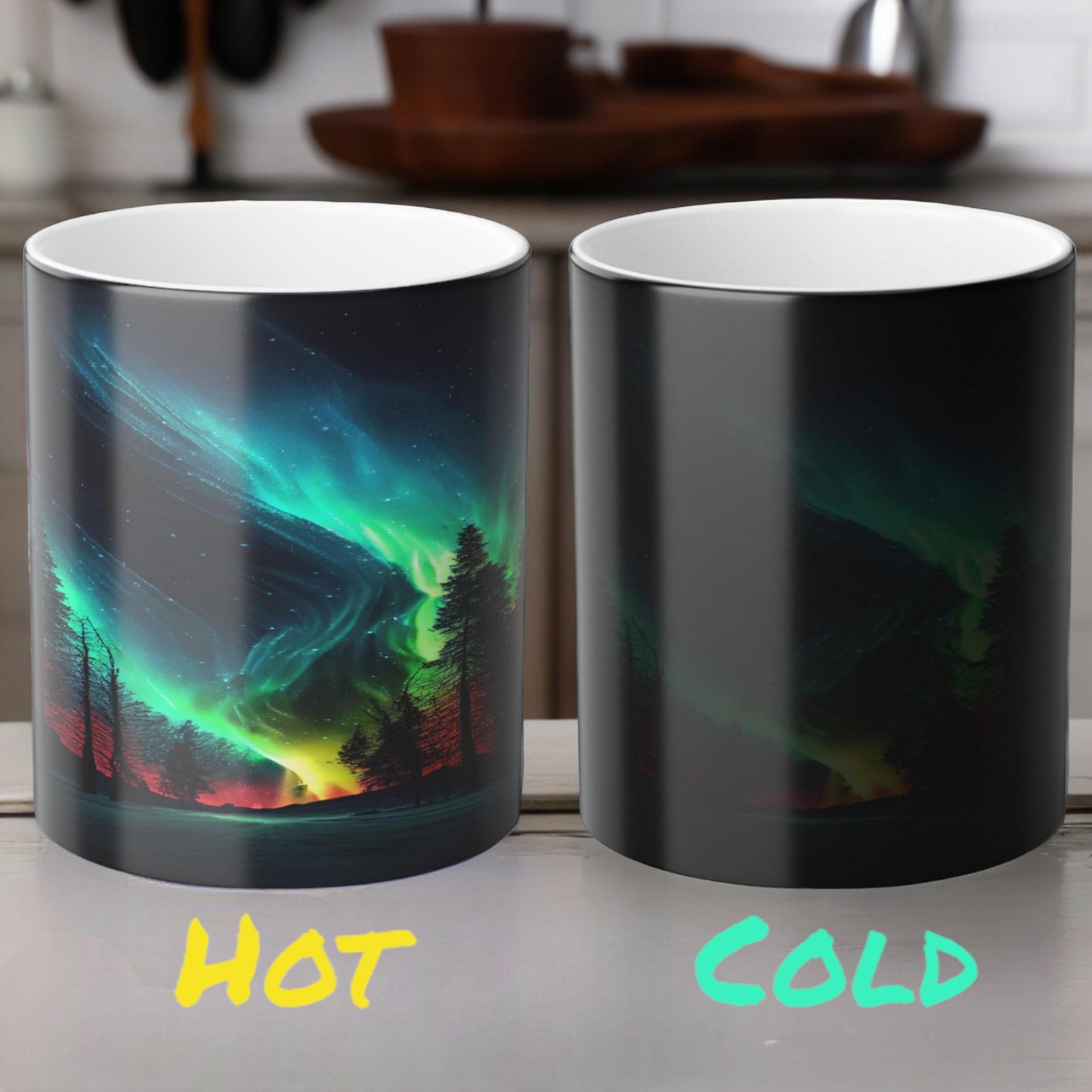 Töfrandi Aurora Borealis hitanæm mál - Northern Lights Magic Color Morphing Mug 11oz - Heat Reactive Night Sky Kaffibolli - Fullkomin gjöf fyrir náttúruunnendur