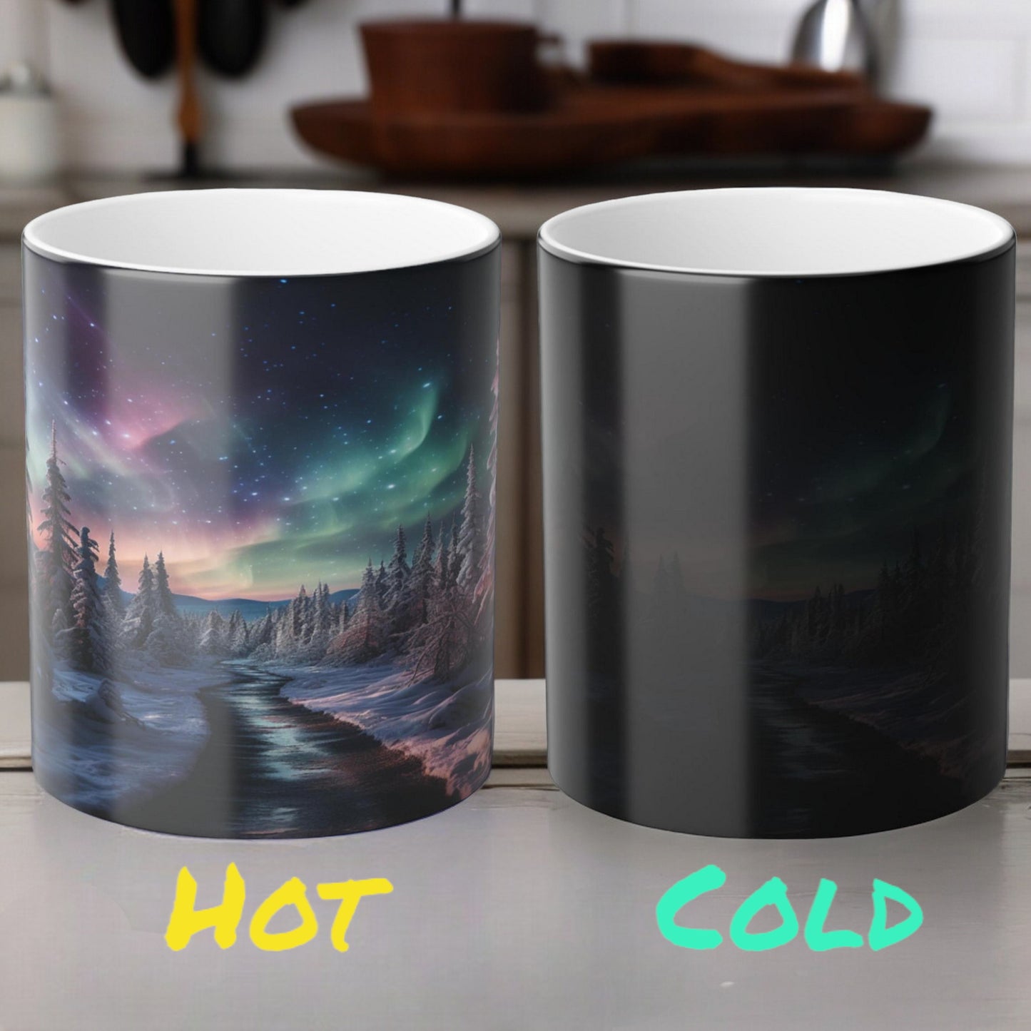 Enchanting Aurora Borealis Taza sensible al calor - Northern Lights Magic Color Morphing Mug 11oz - Taza de café reactiva al calor Night Sky - Regalo perfecto para los amantes de la naturaleza