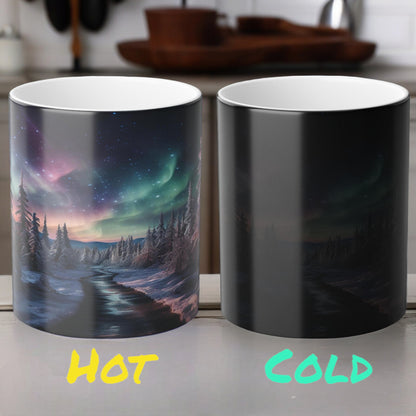 Tasse sensible à la chaleur Aurore boréale enchanteresse - Tasse de morphing de couleur magique des aurores boréales 11 oz - Tasse à café ciel nocturne réactive à la chaleur - Cadeau parfait pour les amoureux de la nature