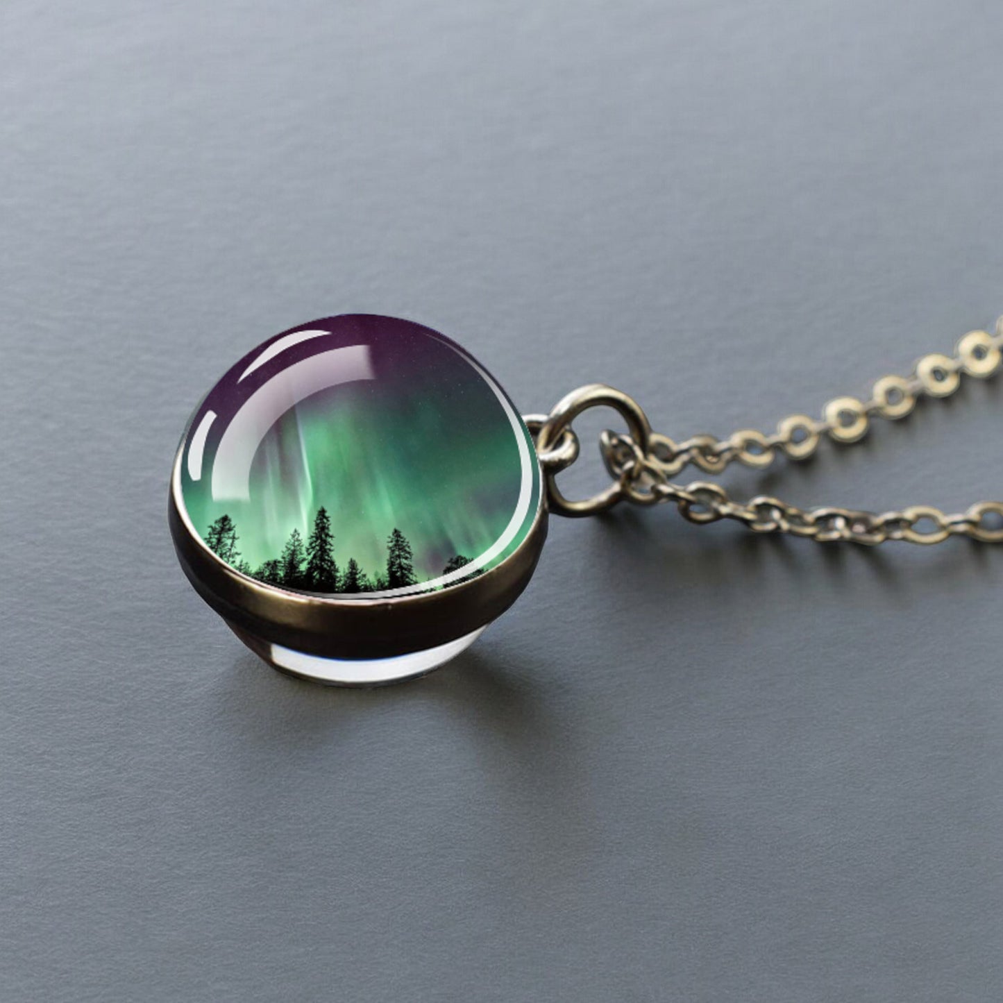 Luminous Aurora Borealis Silver Necklace- Northern Light Jewelry - Unique Double Side Glass Ball Pendent Necklace - Perfect Aurora Lovers Gift