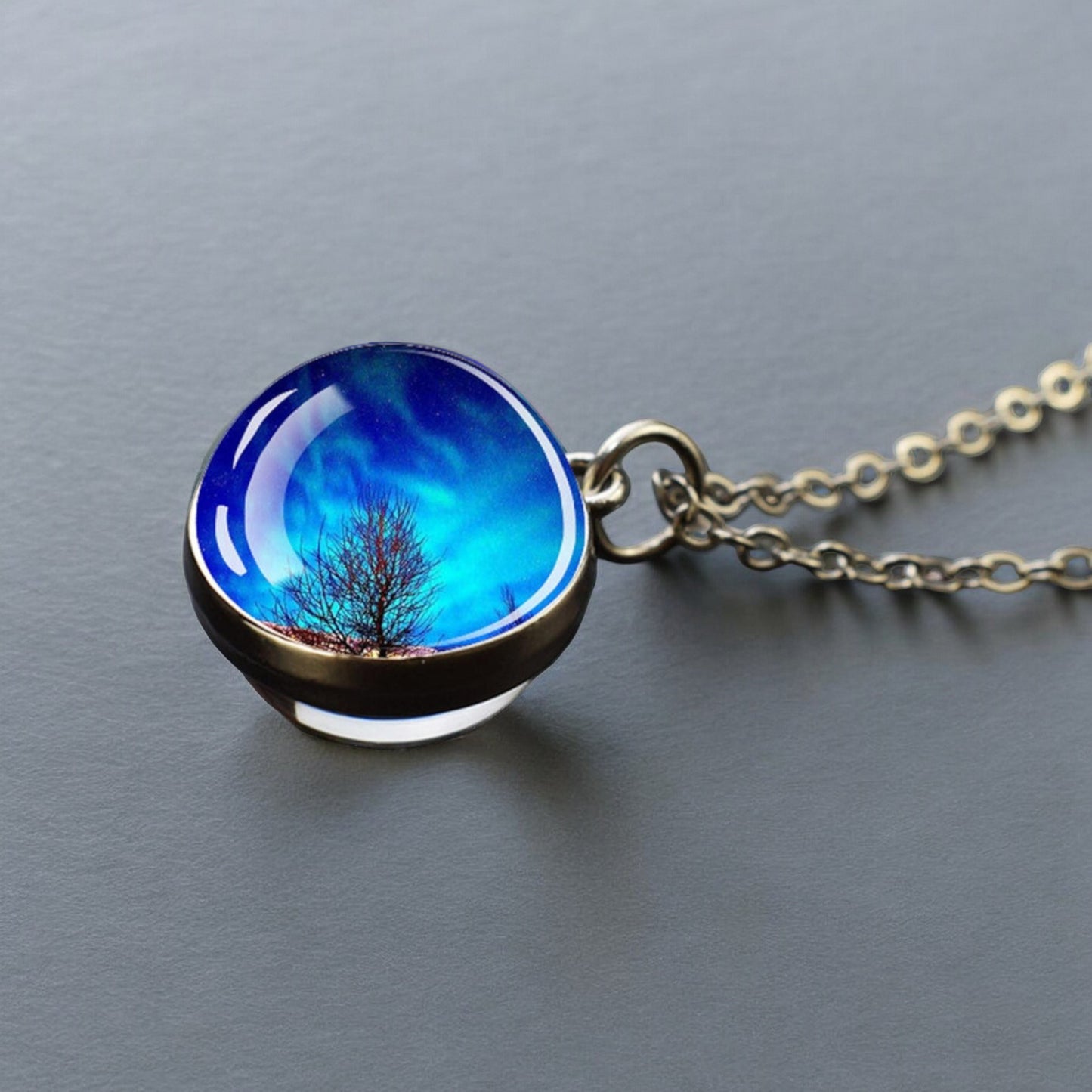 Luminous Aurora Borealis Silver Necklace- Northern Light Jewelry - Unique Double Side Glass Ball Pendent Necklace - Perfect Aurora Lovers Gift