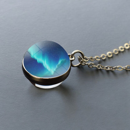 Luminous Aurora Borealis Silver Necklace- Northern Light Jewelry - Unique Double Side Glass Ball Pendent Necklace - Perfect Aurora Lovers Gift