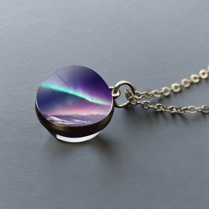 Luminous Aurora Borealis Silver Necklace- Northern Light Jewelry - Unique Double Side Glass Ball Pendent Necklace - Perfect Aurora Lovers Gift