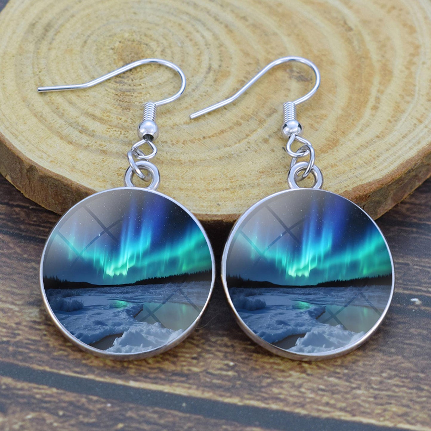 Gaismas Aurora Borealis Drop Auskari - Ziemeļblāzmas rotaslietas - Unikāli stikla Cabochon Dangle Auskari - Perfekta Aurora Lovers dāvana