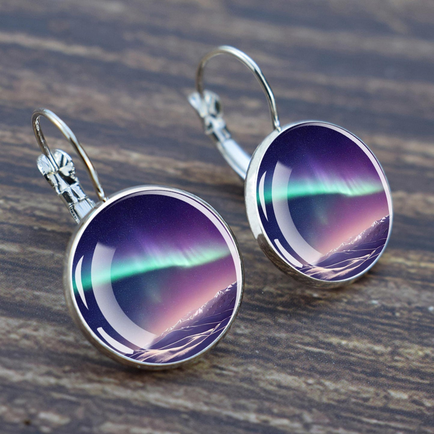 Luminous Aurora Borealis Hook Earrings - Northern Lights Jewelry - Unique Glass Cabochon Drop Earrings - Perfect Aurora Lovers Gift