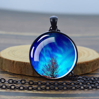 Luminous Aurora Borealis Black Necklace - Northern Light Jewelry - Unique Glass Dome Pendent Necklace - Perfect Aurora Lovers Gift