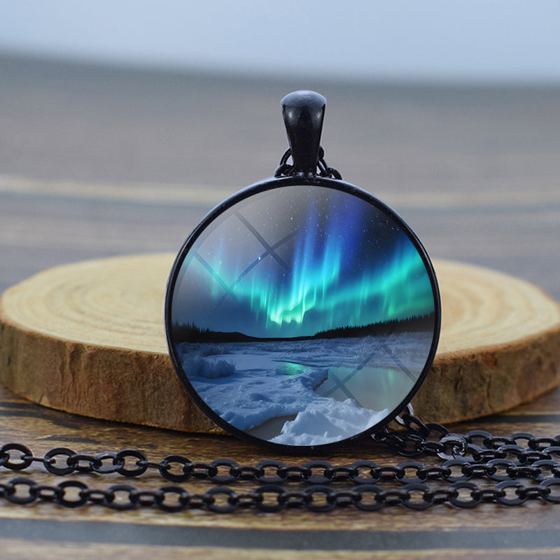 Luminous Aurora Borealis Black Necklace - Northern Light Jewelry - Unique Glass Dome Pendent Necklace - Perfect Aurora Lovers Gift