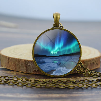 Luminous Aurora Borealis Bronze Necklace - Northern Light Jewelry - Unique Glass Dome Pendent Necklace - Perfect Aurora Lovers Gift