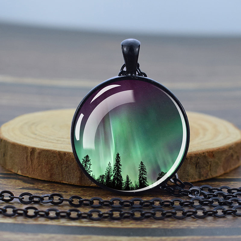 Luminous Aurora Borealis Black Necklace - Northern Light Jewelry - Unique Glass Dome Pendent Necklace - Perfect Aurora Lovers Gift