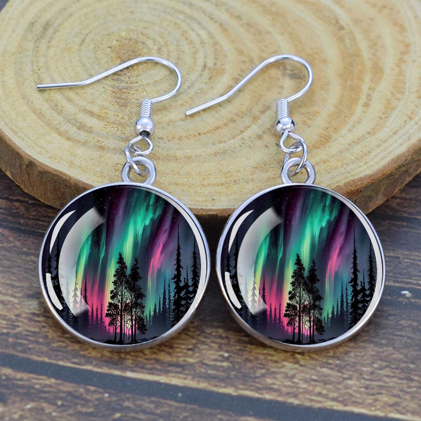 Gaismas Aurora Borealis Drop Auskari - Ziemeļblāzmas rotaslietas - Unikāli stikla Cabochon Dangle Auskari - Perfekta Aurora Lovers dāvana