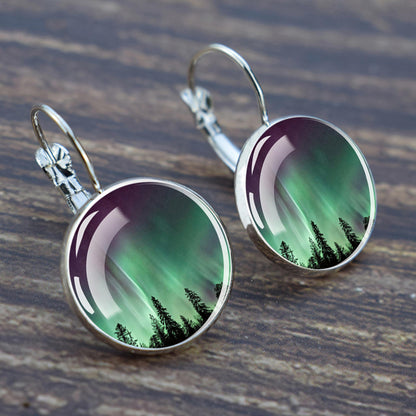 Luminous Aurora Borealis Hook Earrings - Northern Lights Jewelry - Unique Glass Cabochon Drop Earrings - Perfect Aurora Lovers Gift