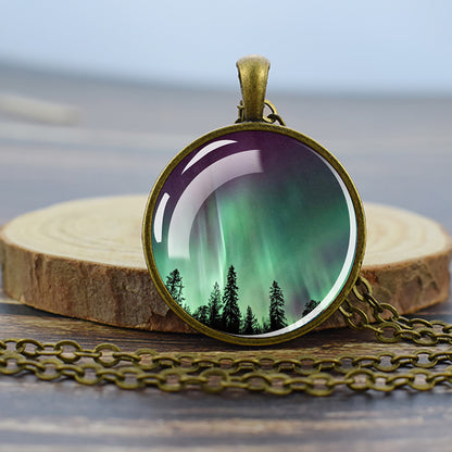 Luminous Aurora Borealis Bronze Necklace - Northern Light Jewelry - Unique Glass Dome Pendent Necklace - Perfect Aurora Lovers Gift