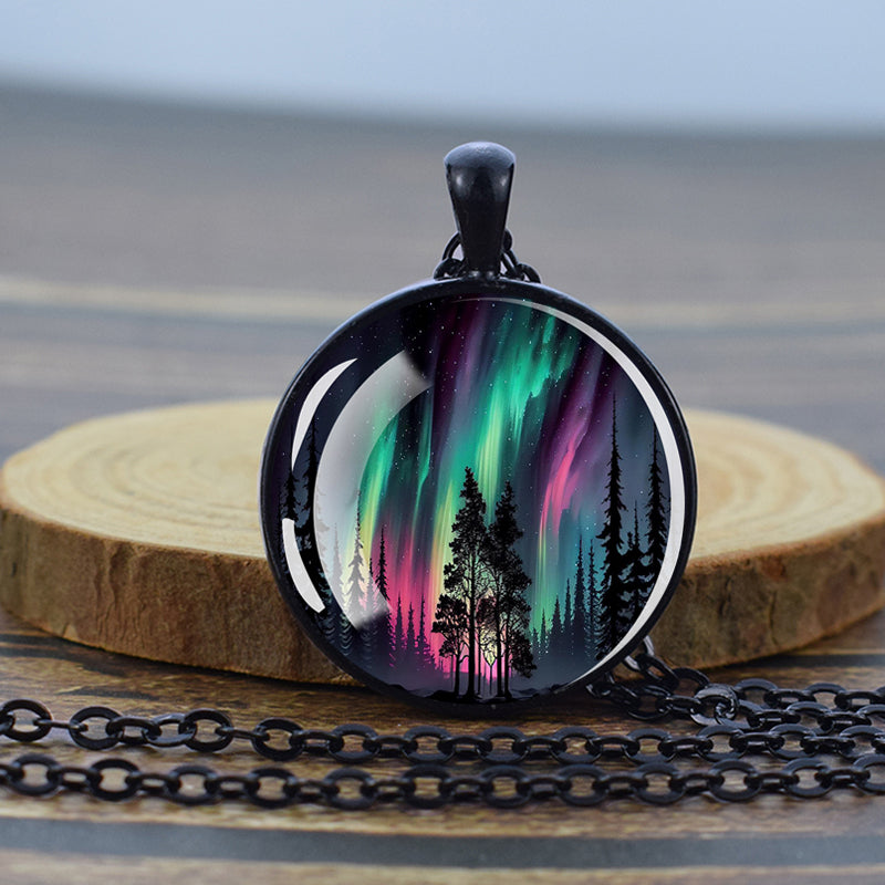 Luminous Aurora Borealis Black Necklace - Northern Light Jewelry - Unique Glass Dome Pendent Necklace - Perfect Aurora Lovers Gift