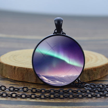 Luminous Aurora Borealis Black Necklace - Northern Light Jewelry - Unique Glass Dome Pendent Necklace - Perfect Aurora Lovers Gift