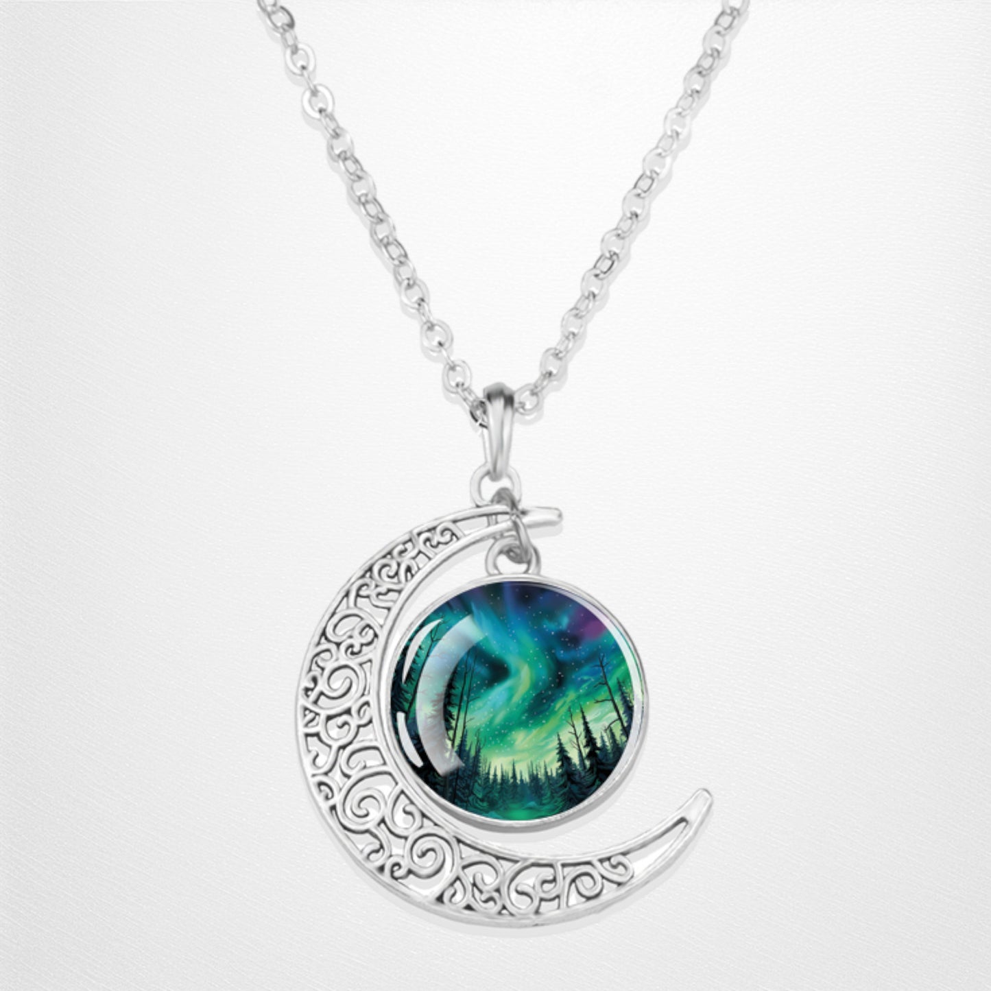 Luminous Aurora Borealis Crescent Necklace- Northern Light Jewelry - Unique Crescent Glass Cabochon Pendent Necklace - Perfect Aurora Lovers Gift