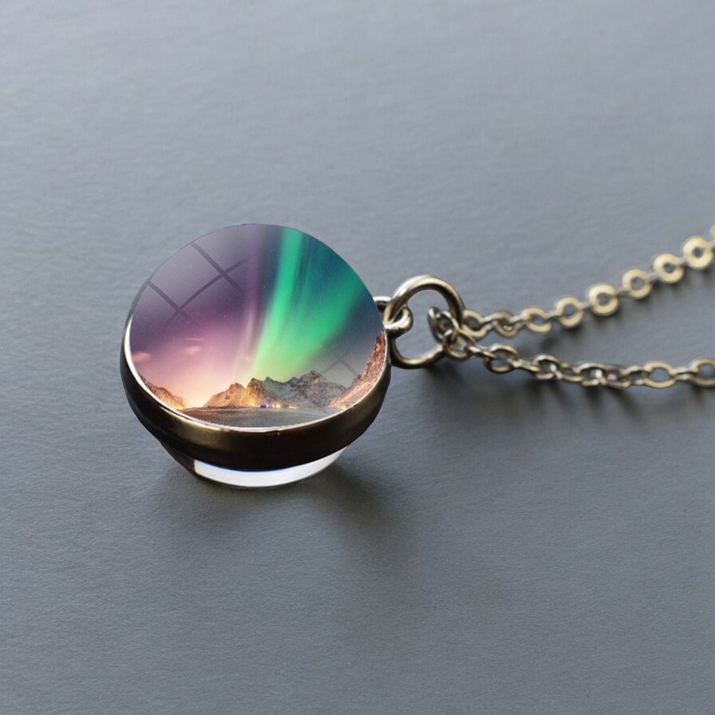 Luminous Aurora Borealis Silver Necklace- Northern Light Jewelry - Unique Double Side Glass Ball Pendent Necklace - Perfect Aurora Lovers Gift