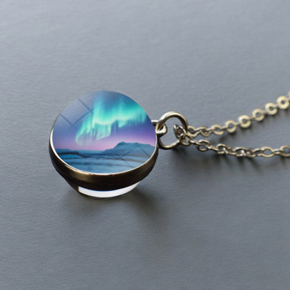 Collier en argent lumineux Aurora Borealis - Bijoux Northern Light - Collier pendentif unique en boule de verre double face - Cadeau parfait pour les amoureux des aurores boréales 