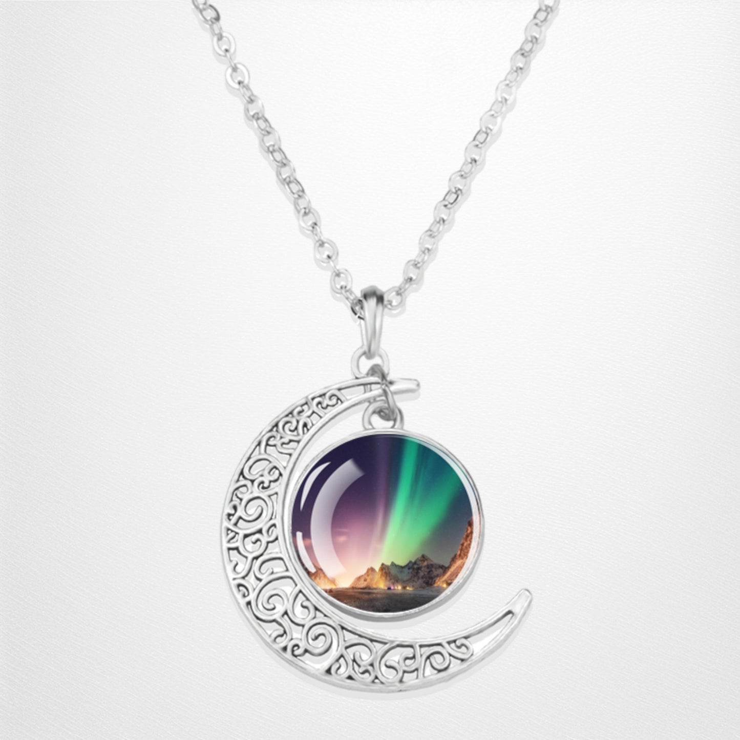 Luminous Aurora Borealis Crescent Necklace- Northern Light Jewelry - Unique Crescent Glass Cabochon Pendent Necklace - Perfect Aurora Lovers Gift