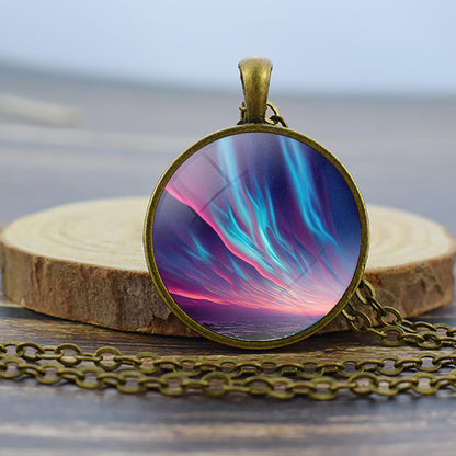 Luminous Aurora Borealis Bronze Necklace - Northern Light Jewelry - Unique Glass Dome Pendent Necklace - Perfect Aurora Lovers Gift