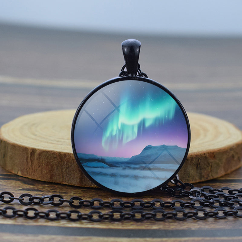 Luminous Aurora Borealis Black Necklace - Northern Light Jewelry - Unique Glass Dome Pendent Necklace - Perfect Aurora Lovers Gift