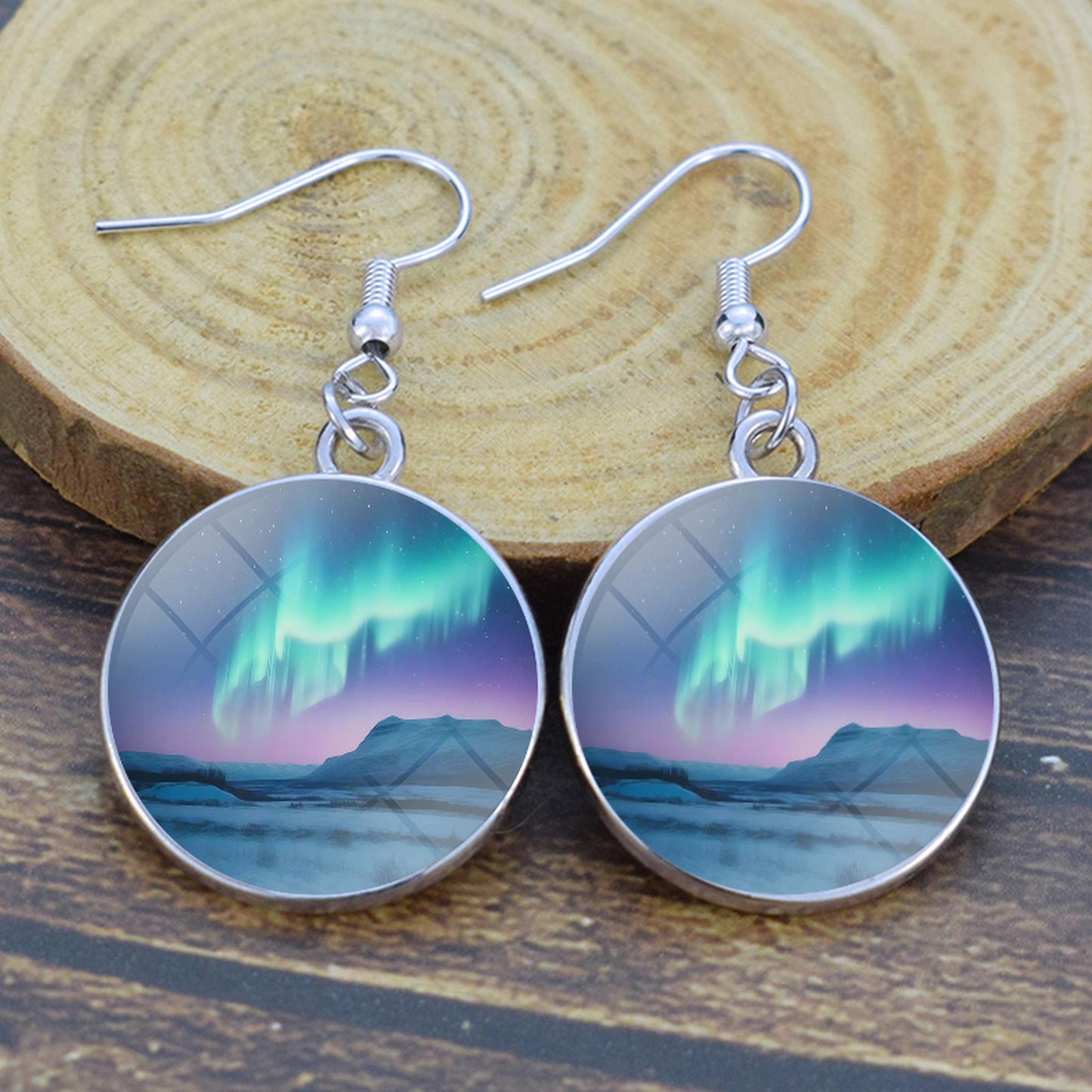 Fáinní Buail Luminous Aurora Borealis - Seodra Northern Lights - Cluaise Uathúla Cabochon Gloine Dangle - Bronntanas Foirfe Aurora Lovers