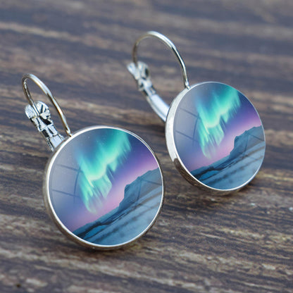 Luminous Aurora Borealis Hook Earrings - Northern Lights Jewelry - Unique Glass Cabochon Drop Earrings - Perfect Aurora Lovers Gift