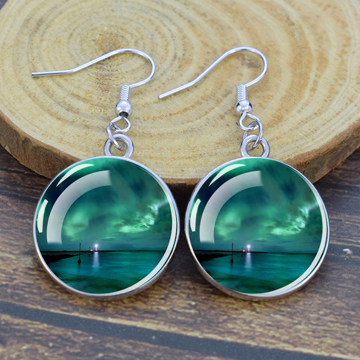 Luminous Aurora Borealis Drop Earrings - Northern Lights Jewelry - Unique Glass Cabochon Dangle Earrings - Perfect Aurora Lovers Gift