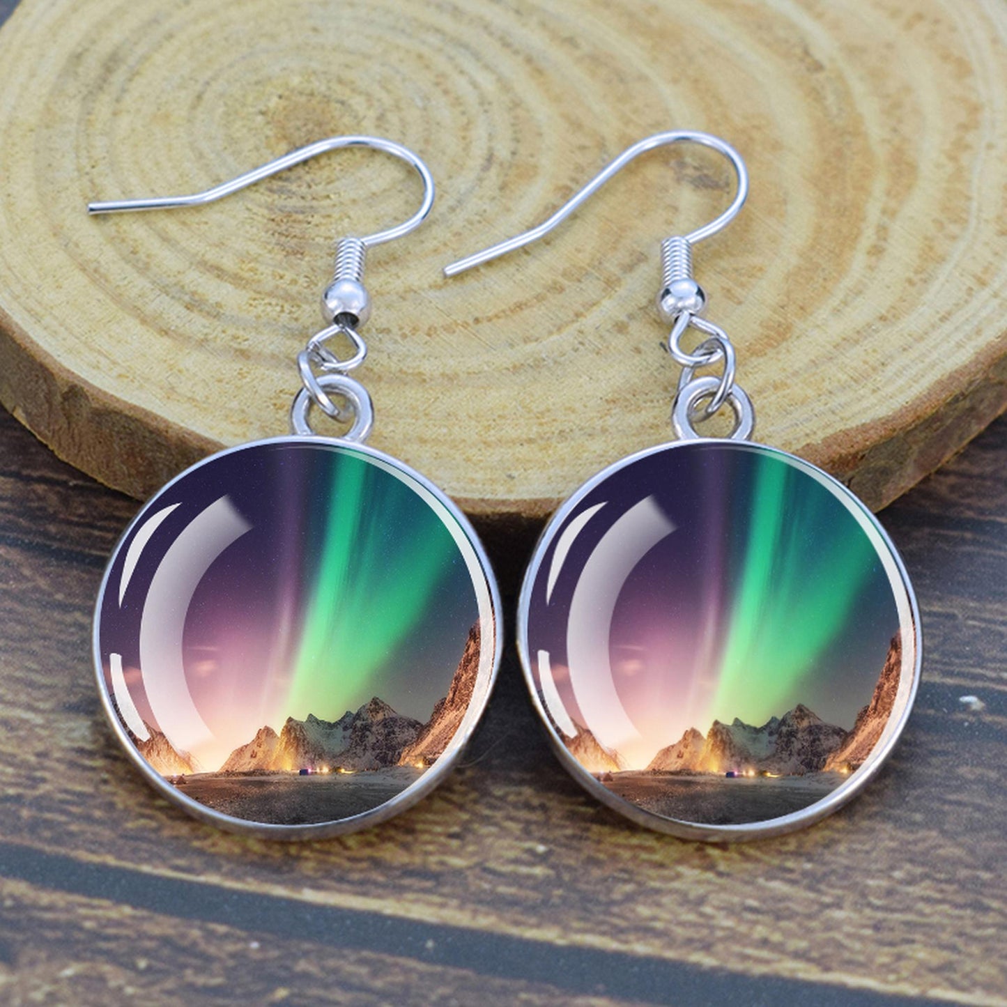 Lýsandi Aurora Borealis dropaeyrnalokkar - Northern Lights Skartgripir - Einstakir Cabochon Dangle eyrnalokkar úr gleri - Fullkomin Aurora Lovers gjöf