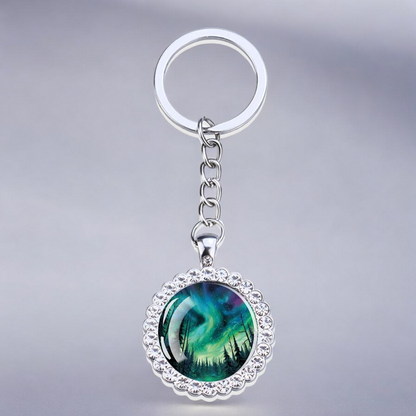 Luminous Aurora Borealis Silver Keyring - Northern Light Jewelry - Rhinestones Glass Key Chain - Perfect Aurora Lovers Gift