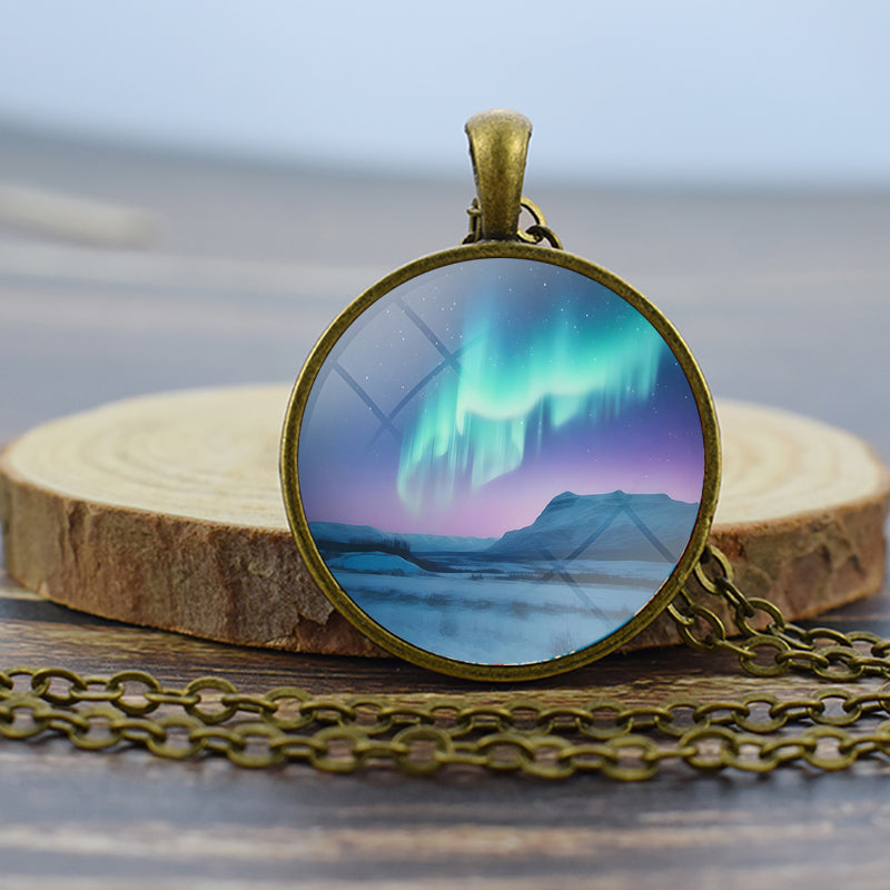 Luminous Aurora Borealis Bronze Necklace - Northern Light Jewelry - Unique Glass Dome Pendent Necklace - Perfect Aurora Lovers Gift