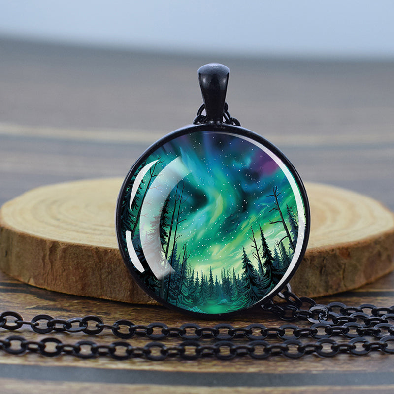 Luminous Aurora Borealis Black Necklace - Northern Light Jewelry - Unique Glass Dome Pendent Necklace - Perfect Aurora Lovers Gift