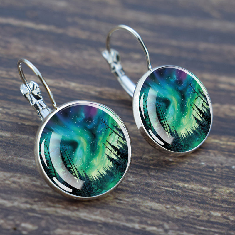 Luminous Aurora Borealis Hook Earrings - Northern Lights Jewelry - Unique Glass Cabochon Drop Earrings - Perfect Aurora Lovers Gift