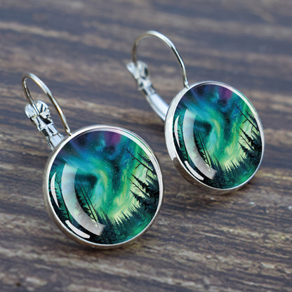 Luminous Aurora Borealis Hook Earrings - Northern Lights Jewelry - Unique Glass Cabochon Drop Earrings - Perfect Aurora Lovers Gift