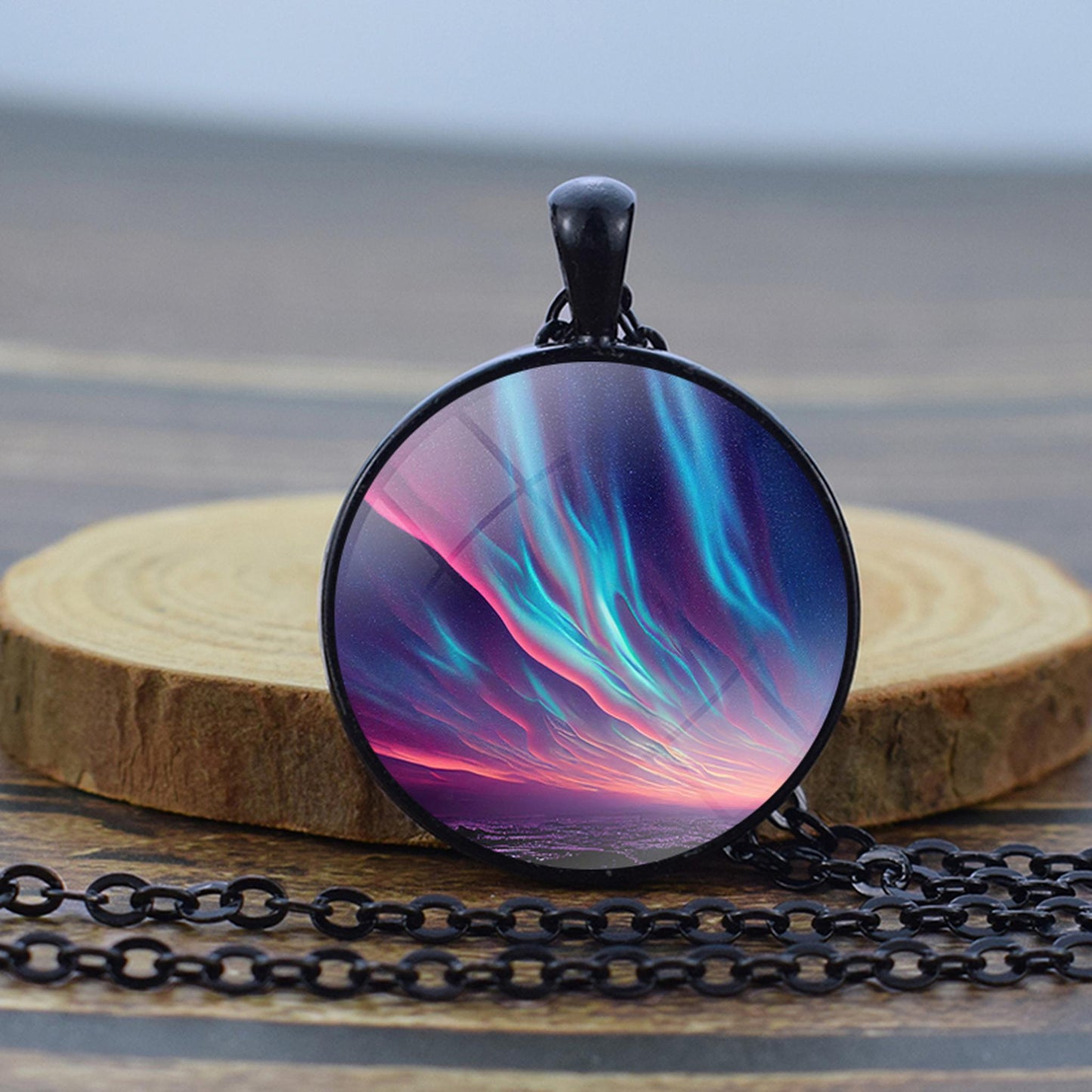 Luminous Aurora Borealis Black Necklace - Northern Light Jewelry - Unique Glass Dome Pendent Necklace - Perfect Aurora Lovers Gift