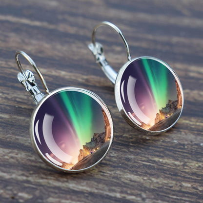 Luminous Aurora Borealis Hook Earrings - Northern Lights Jewelry - Unique Glass Cabochon Drop Earrings - Perfect Aurora Lovers Gift