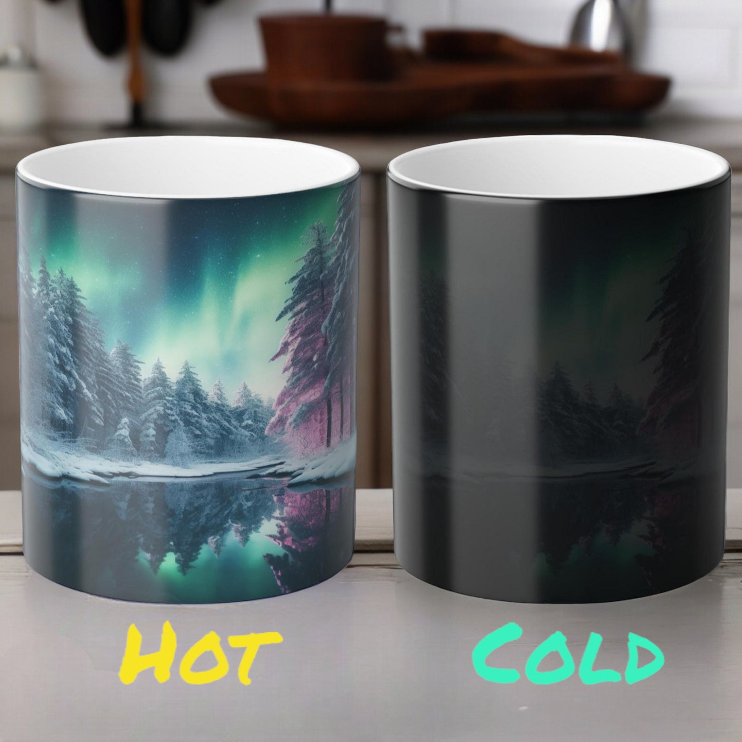 Töfrandi Aurora Borealis hitanæm mál - Northern Lights Magic Color Morphing Mug 11oz - Heat Reactive Night Sky Kaffibolli - Fullkomin gjöf fyrir náttúruunnendur