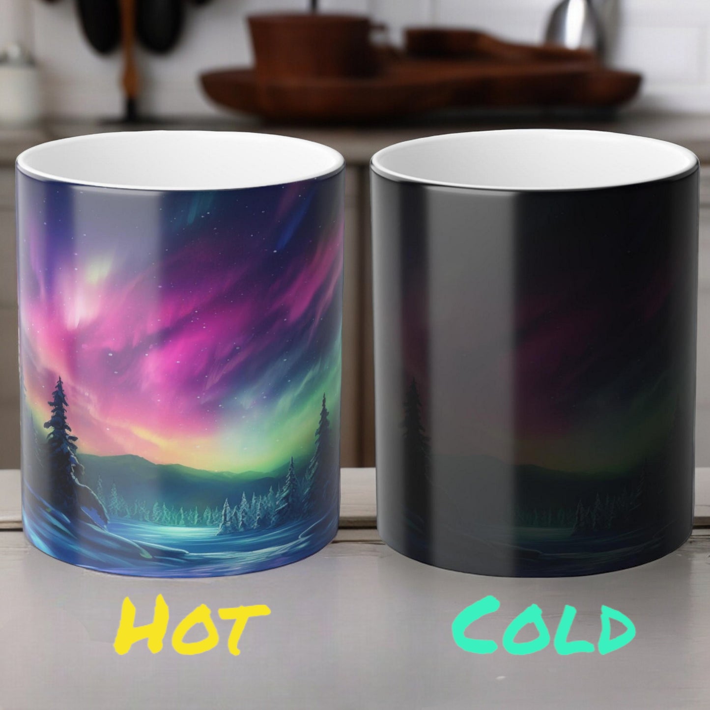 Fortryllende Aurora Borealis varmefølsomt krus - Northern Lights Magic Color Morphing-krus 11 oz - Heat Reactive Night Sky Coffee Cup - Perfekt gave til naturelskere