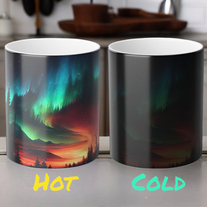 Töfrandi Aurora Borealis hitanæm mál - Northern Lights Magic Color Morphing Mug 11oz - Heat Reactive Night Sky Kaffibolli - Fullkomin gjöf fyrir náttúruunnendur