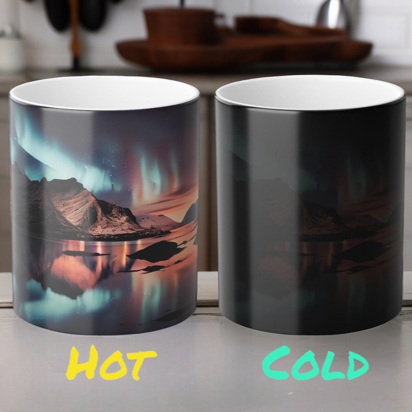 Bezaubernde wärmeempfindliche Tasse „Aurora Borealis“ – Tasse mit magischer Farbveränderung der Nordlichter, 325 ml – hitzereaktive Nachthimmel-Kaffeetasse – perfektes Geschenk für Naturliebhaber