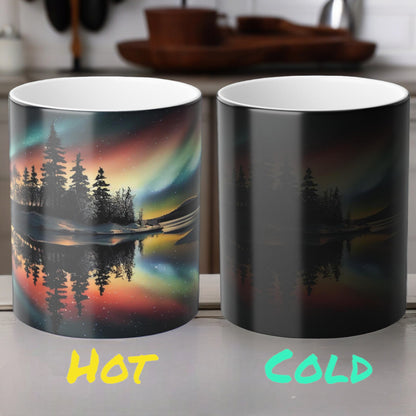 Töfrandi Aurora Borealis hitanæm mál - Northern Lights Magic Color Morphing Mug 11oz - Heat Reactive Night Sky Kaffibolli - Fullkomin gjöf fyrir náttúruunnendur