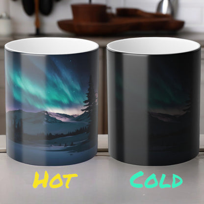 Fortryllende Aurora Borealis varmefølsomt krus - Northern Lights Magic Color Morphing-krus 11 oz - Heat Reactive Night Sky Coffee Cup - Perfekt gave til naturelskere