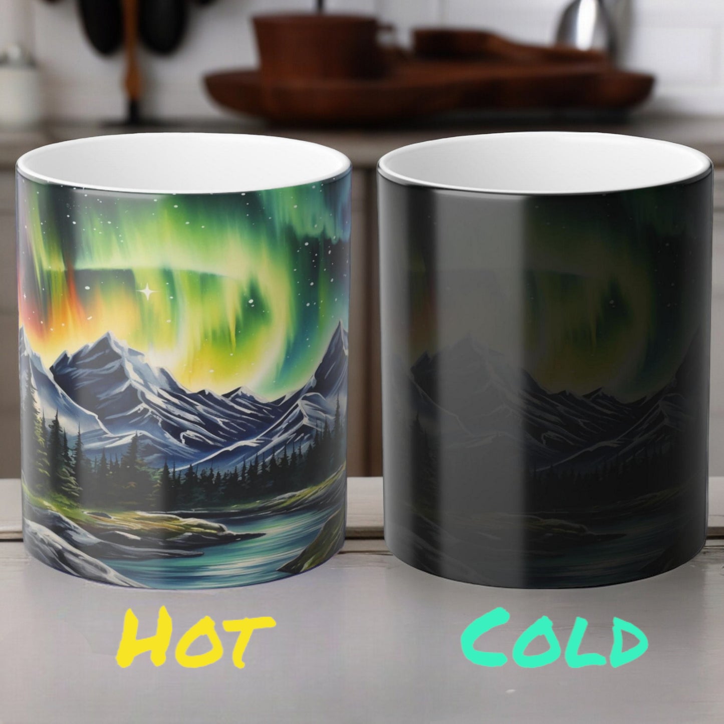 Fortryllende Aurora Borealis varmefølsomt krus - Northern Lights Magic Color Morphing-krus 11 oz - Heat Reactive Night Sky Coffee Cup - Perfekt gave til naturelskere