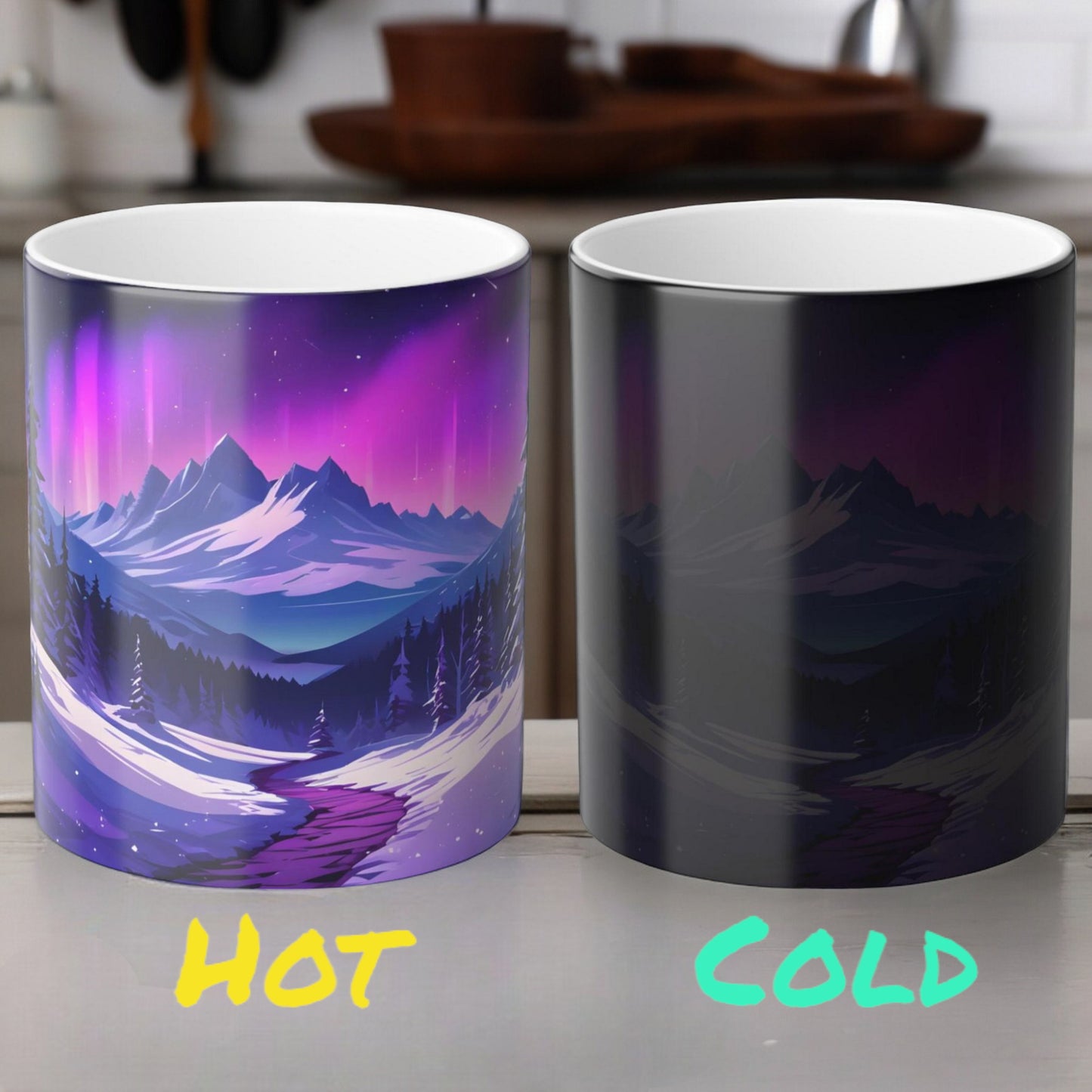 Lumoava Aurora Borealis Heat Sensitive Muki - Northern Lights Magic Color Morphing Muki 11 unssia - Heat Reactive Night Sky Coffee Cup - Täydellinen lahja luonnon ystäville