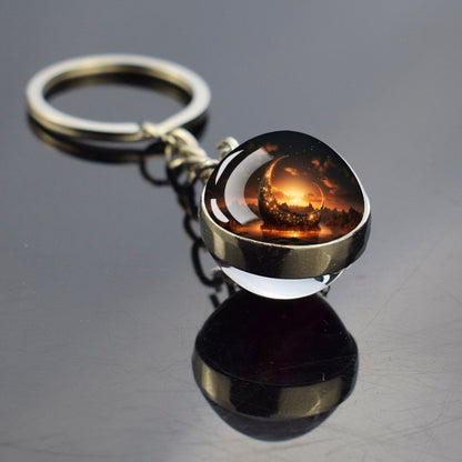 Porte-clés unique en croissant de lune complet - Bijoux ciel étoilé de nuit - Porte-clés boule de verre double face - Cadeau parfait pour les amoureux de la lune 1