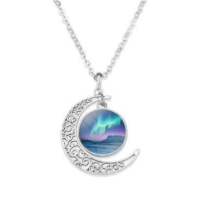 Unique Aurora Borealis Crescent Necklace - Northern Light Jewelry - Crescent Glass Cabochon Pendent Necklace - Perfect Aurora Lovers Gift 30