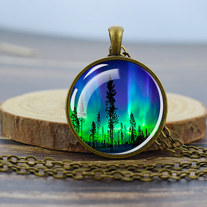 Luminous Aurora Borealis Bronze Necklace - Northern Light Jewelry - Unique Glass Dome Pendent Necklace - Perfect Aurora Lovers Gift