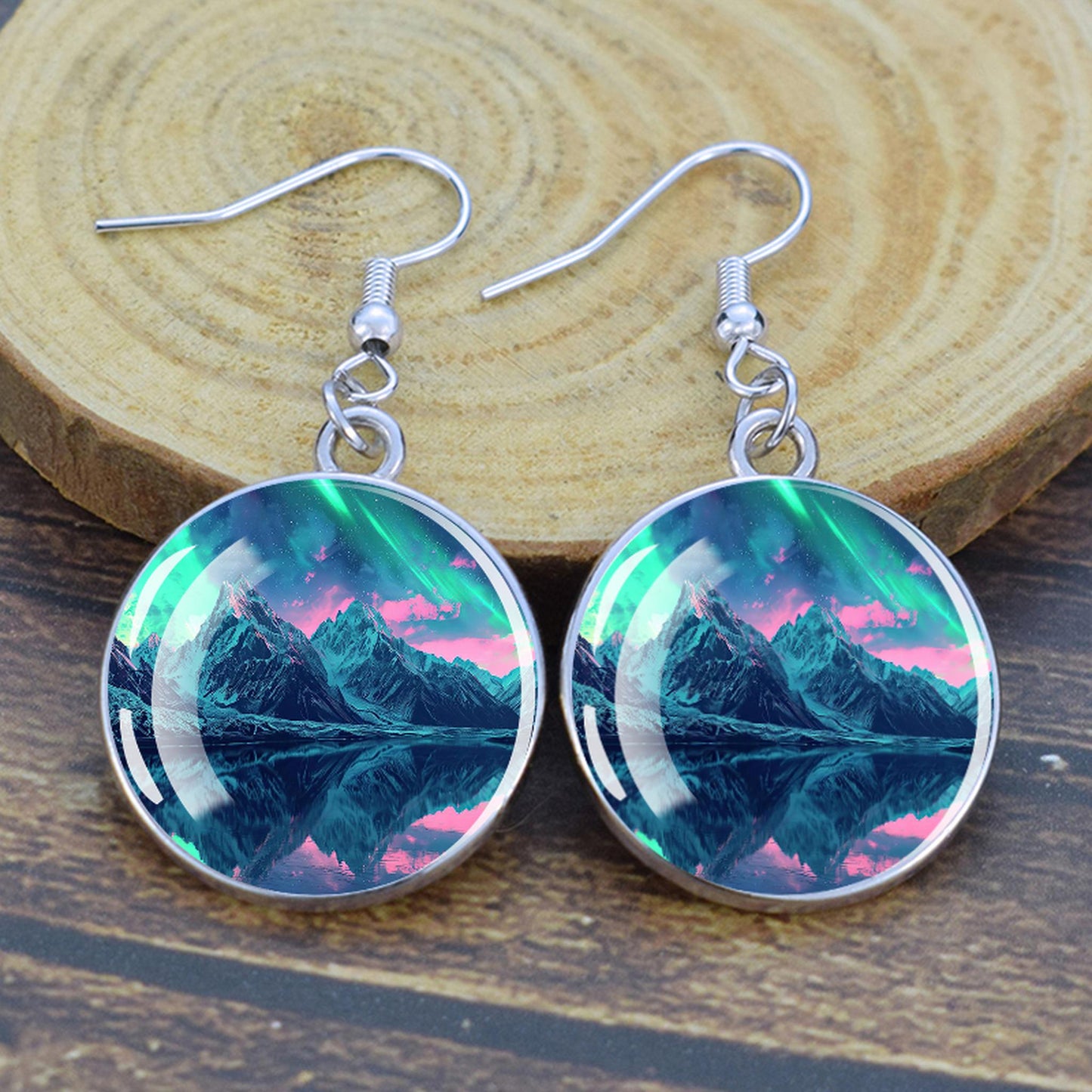 Lýsandi Aurora Borealis dropaeyrnalokkar - Northern Lights Skartgripir - Einstakir Cabochon Dangle eyrnalokkar úr gleri - Fullkomin Aurora Lovers gjöf