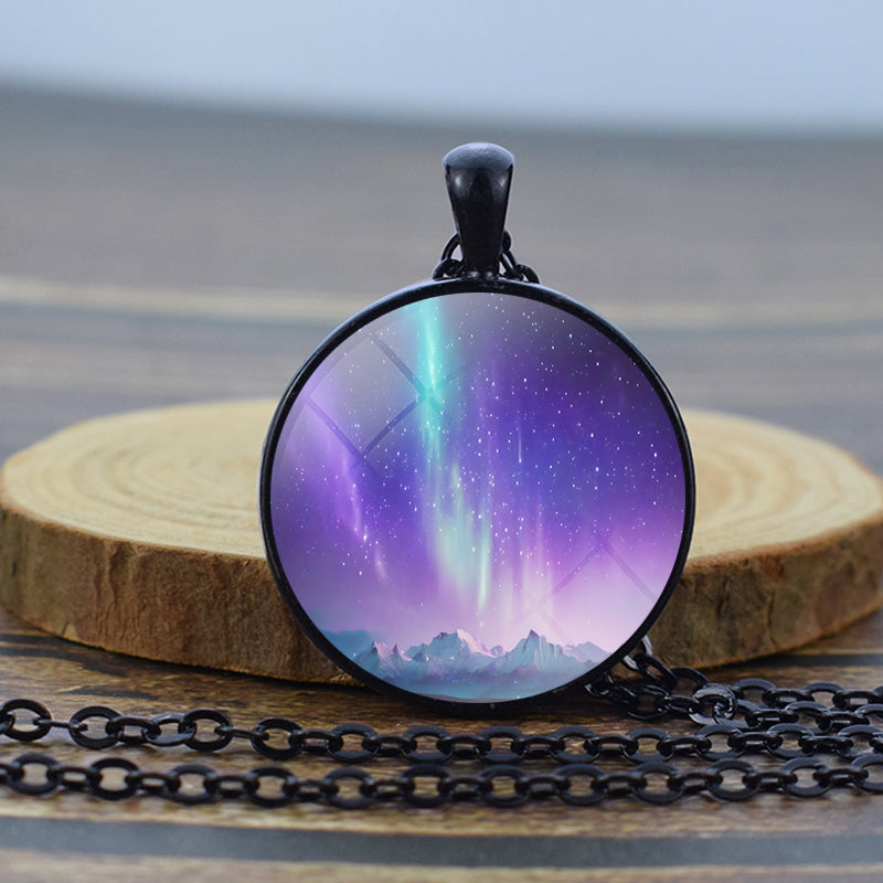 Luminous Aurora Borealis Black Necklace - Northern Light Jewelry - Unique Glass Dome Pendent Necklace - Perfect Aurora Lovers Gift