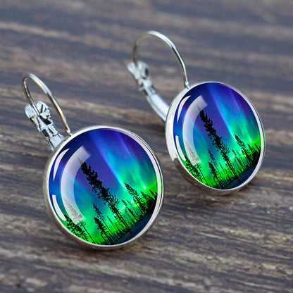 Luminous Aurora Borealis Hook Earrings - Northern Lights Jewelry - Unique Glass Cabochon Drop Earrings - Perfect Aurora Lovers Gift